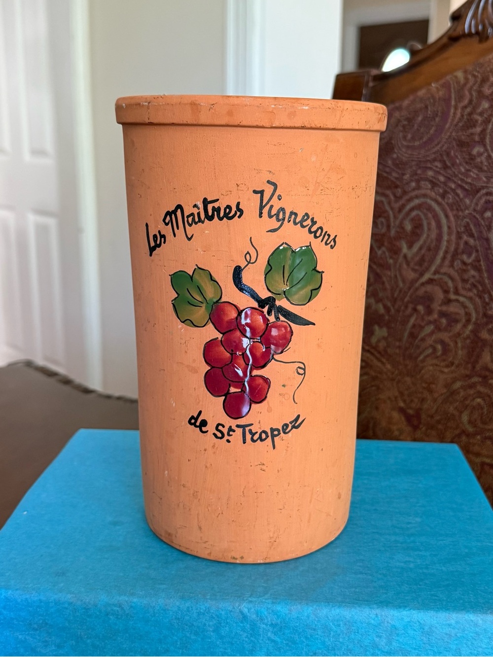 Vintage French Vallauris Terracotta Wine Barrel with Grapes and Leaves Design
